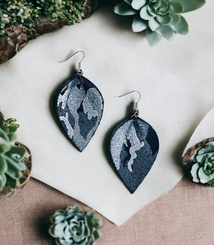 Navy Metallic Camo Leather Earrings - E19-084