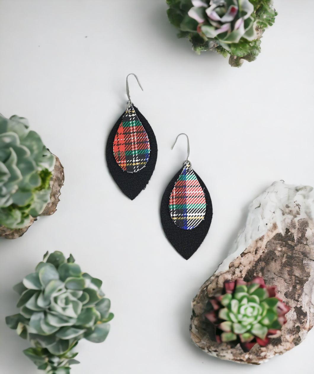 Black and Plaid Genuine Leather Earrings - E19-1087