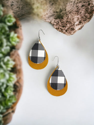 Mustard Suede Leather and Buffalo Plaid Leather Earrings - E19-1148