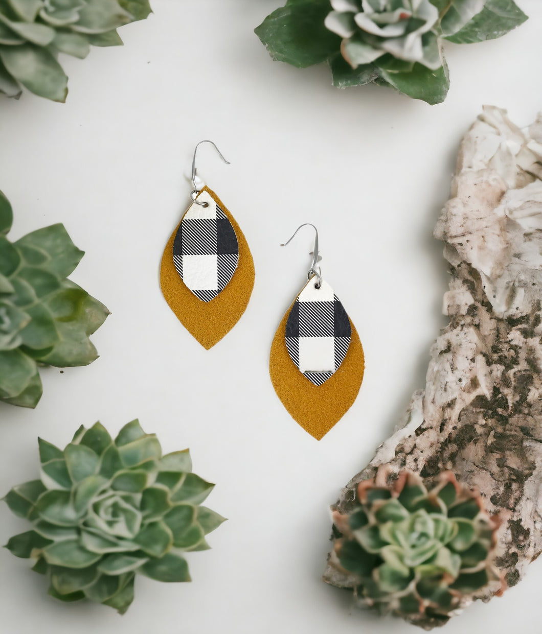 Mustard Suede and Buffalo Plaid Leather Earrings - E19-1157