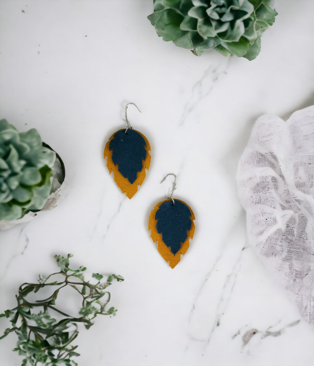 Mustard and Teal Suede Leather Earrings - E19-1165