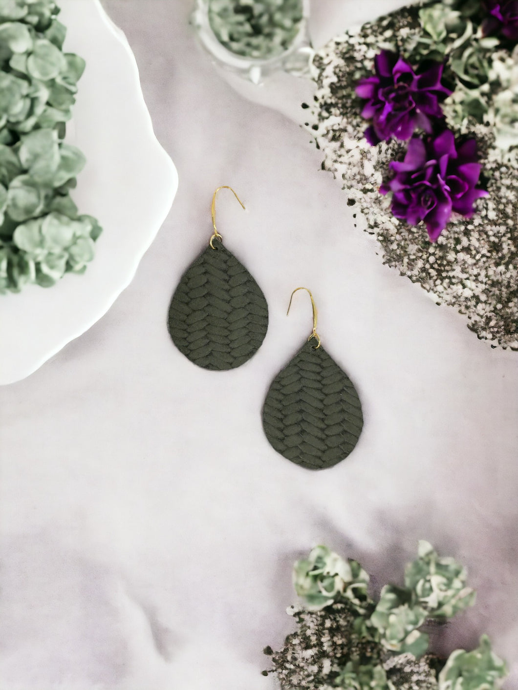 Olive Green Braided Fishtail Leather Earrings - E19-1194