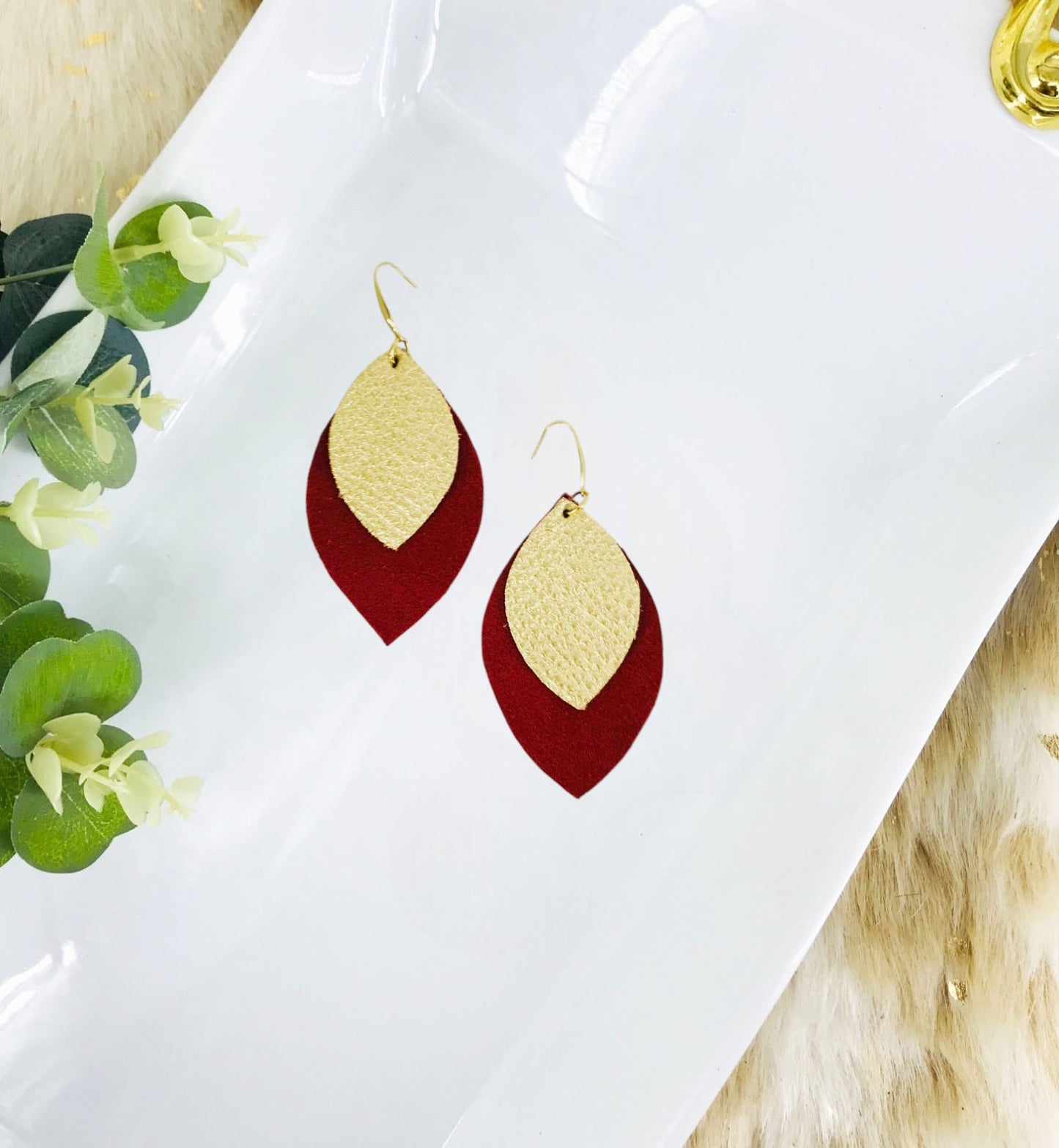 Pebbled Gold Leather Over Red Suede Leather Earrings - E19-1268