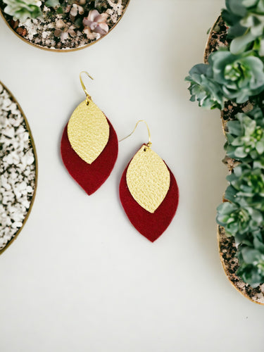 Pebbled Gold Leather Over Red Suede Leather Earrings - E19-1268