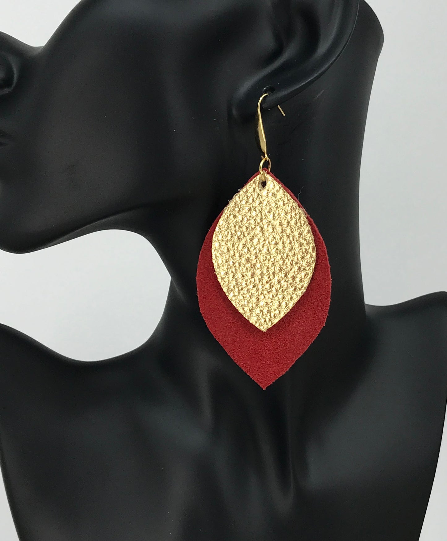 Pebbled Gold Leather Over Red Suede Leather Earrings - E19-1268