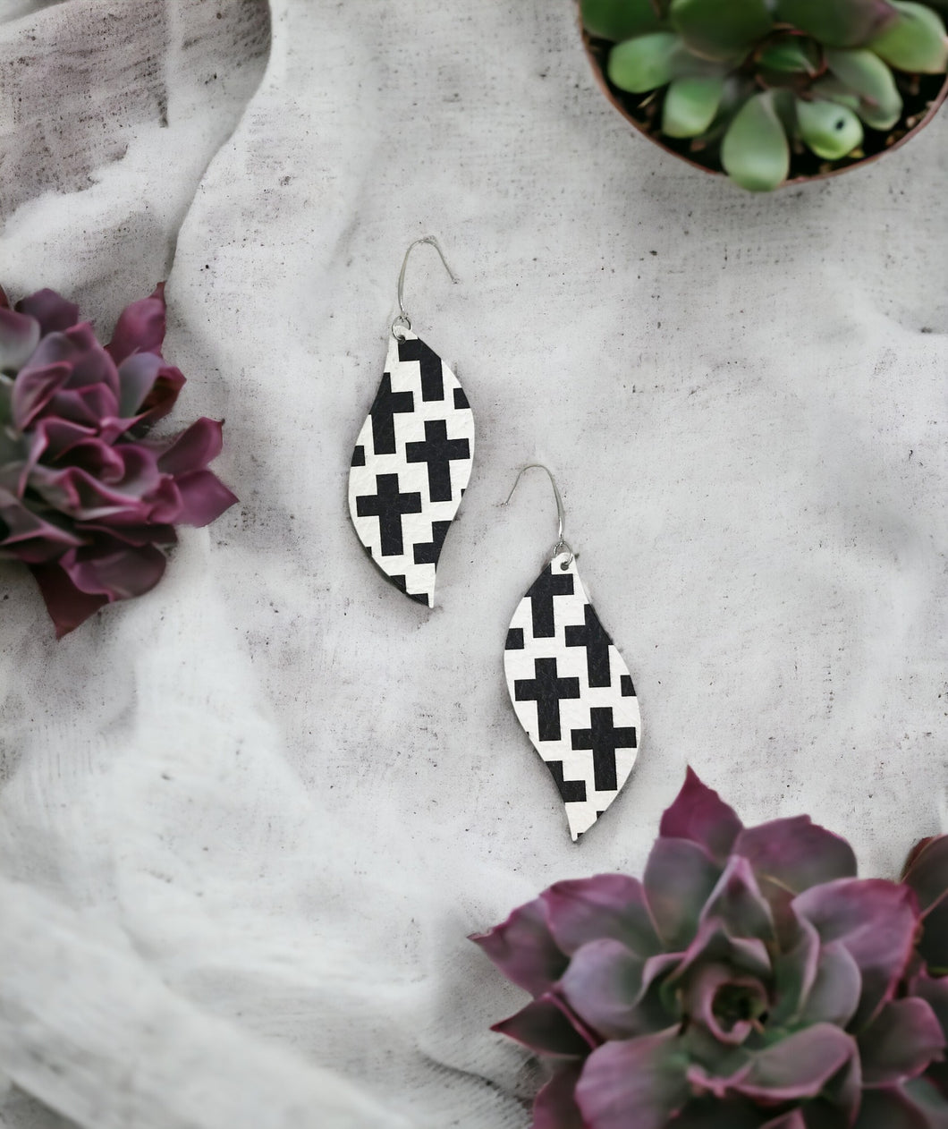 Black Crosses on off White Leather Earrings - E19-1283