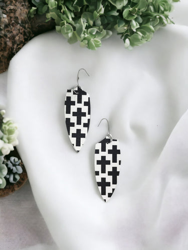 Black Crosses on off White Leather Earrings - E19-1290