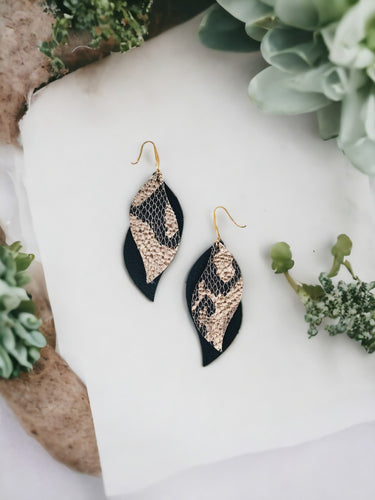 Metallic Leather Snake Skin and Black Leather Earrings - E19-1292