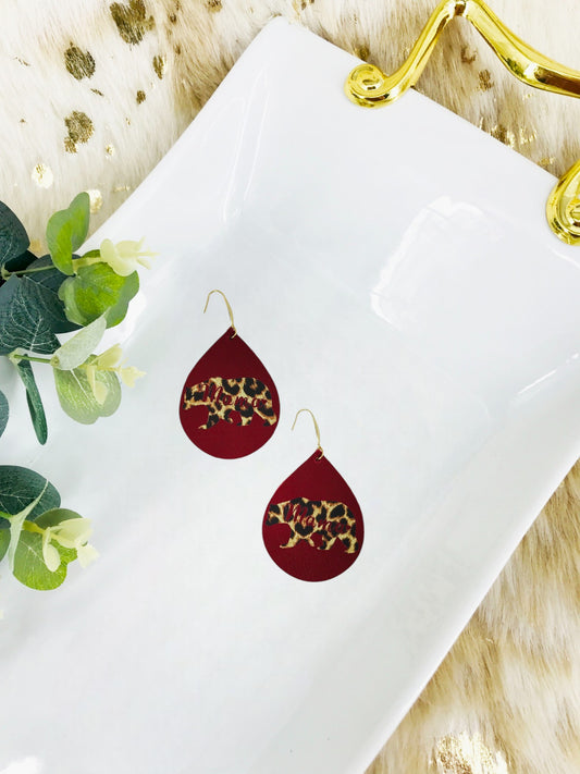 Red Leather "Mama Bear" Cheetah Print Earrings - E19-1309