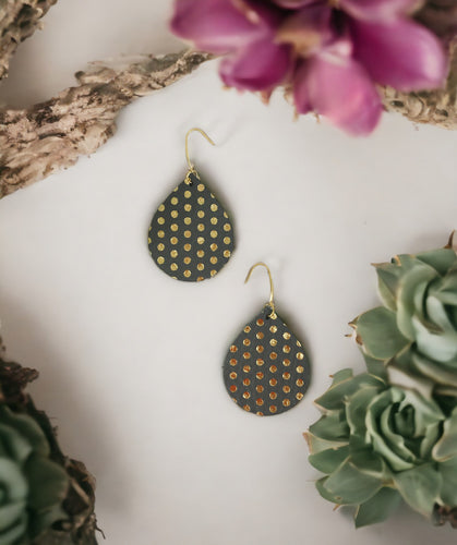 Metallic Grey and Gold Polka Dot Leather Earrings - E19-1315