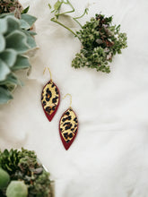 Load image into Gallery viewer, Cranberry Leather and Banana Leopard Leather Earrings - E19-1347