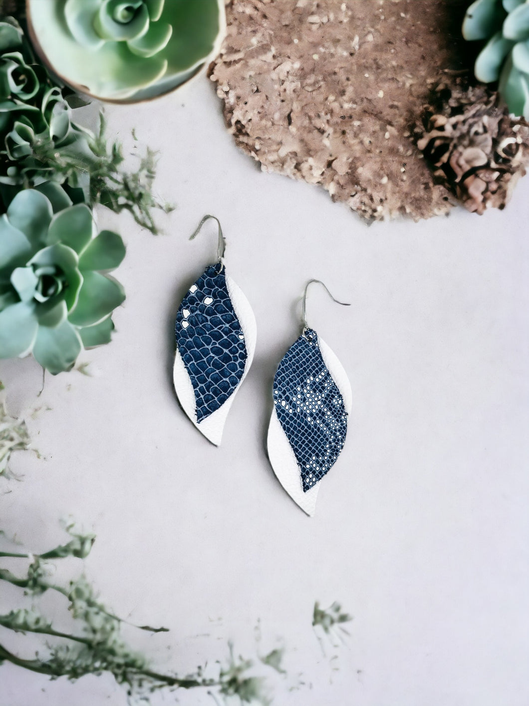 White Leather and Navy Snake Leather Earrings - E19-1356