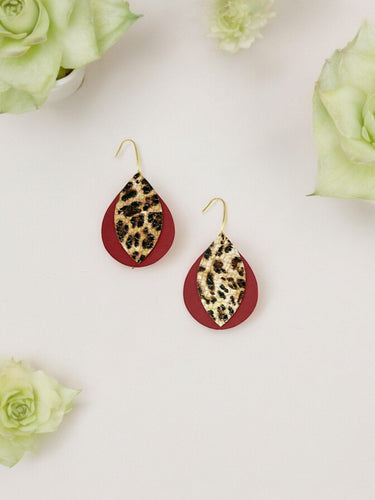 Cranberry Leather and Banana Leopard Leather Earrings - E19-1367