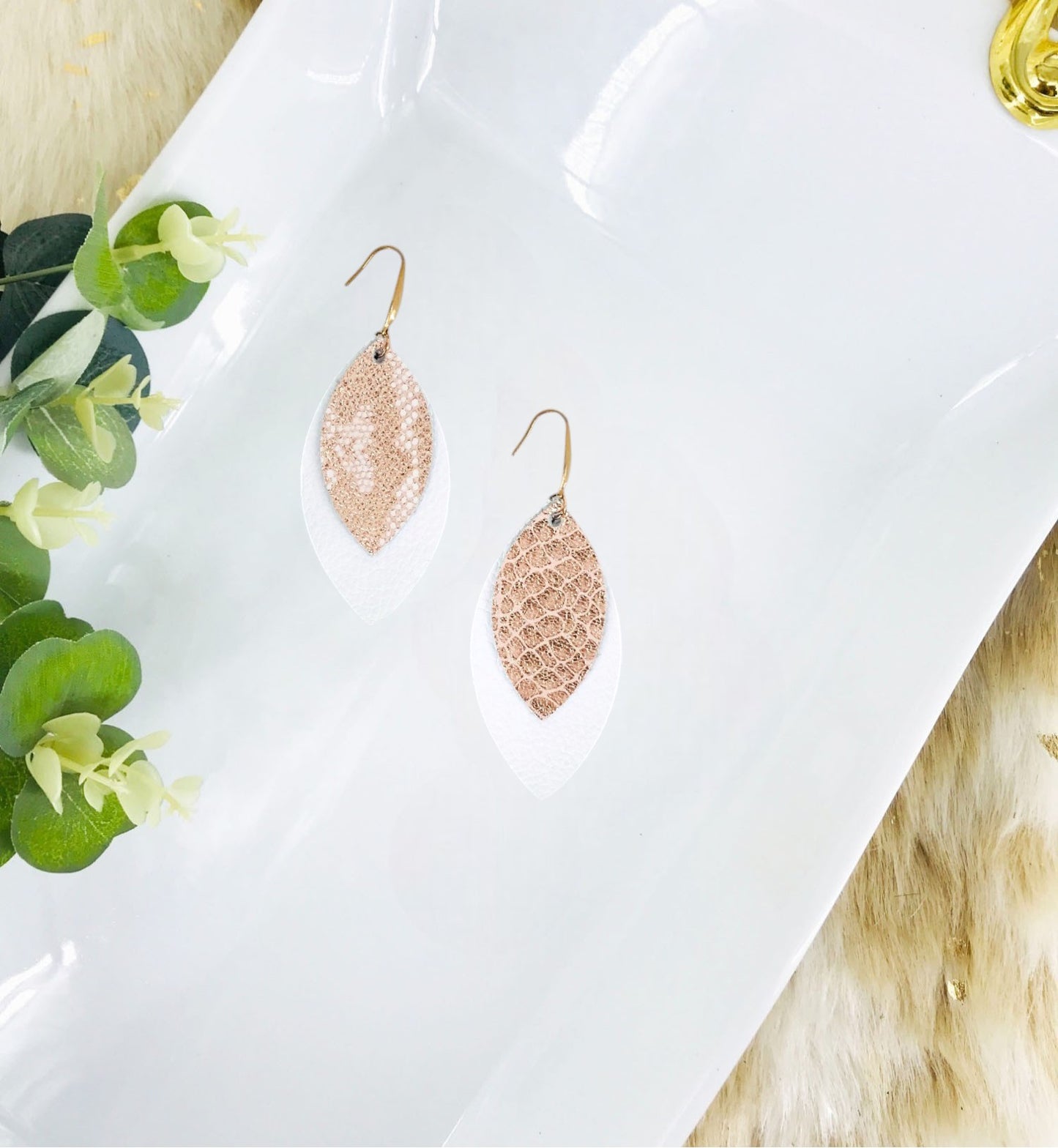 White Leather and Rose Gold Snake Leather Earrings - E19-1373