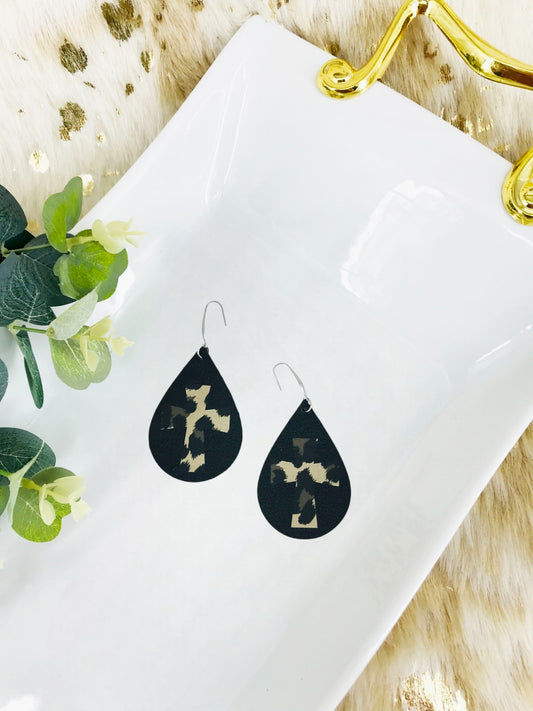 Biker Black Genuine Leather and Gold Cheetah Earrings - E19-1379