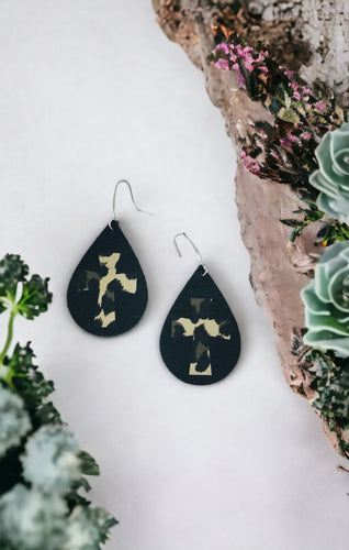 Biker Black Genuine Leather and Gold Cheetah Earrings - E19-1379