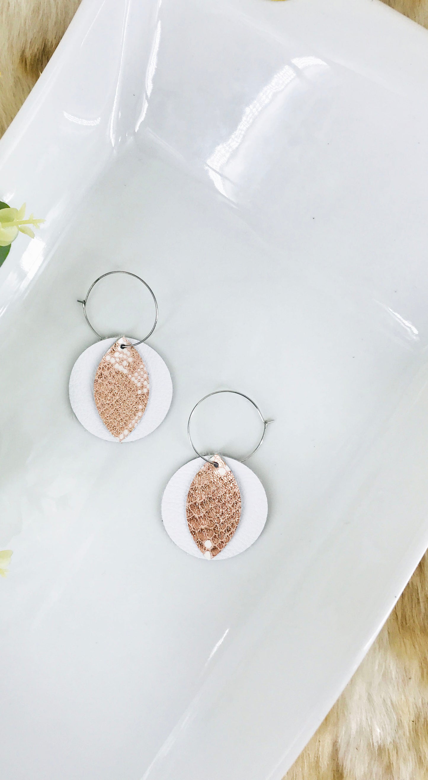 White Leather and Rose Gold Snake Leather Earrings - E19-1380