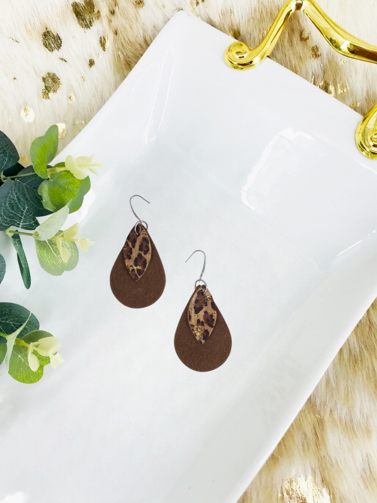 Brown Suede and Cheetah Cork Leather Earrings - E19-1383