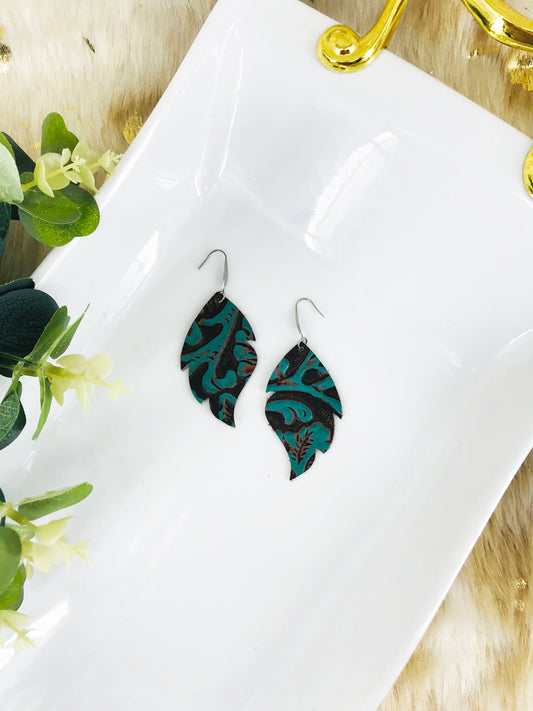 Dark Teal Aqua Western Embossed Leather Earrings - E19-1396