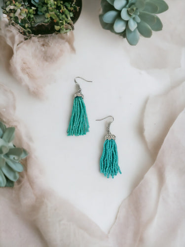 Turquoise Boho Style Glass Bead Tassel Earrings - E19-142