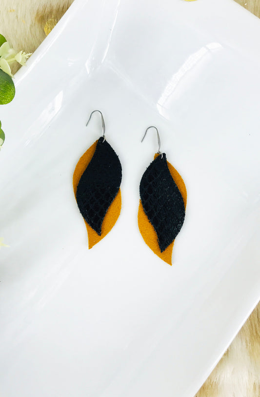 Mustard Suede Leather and Fish Net Leather Earrings - E19-1438