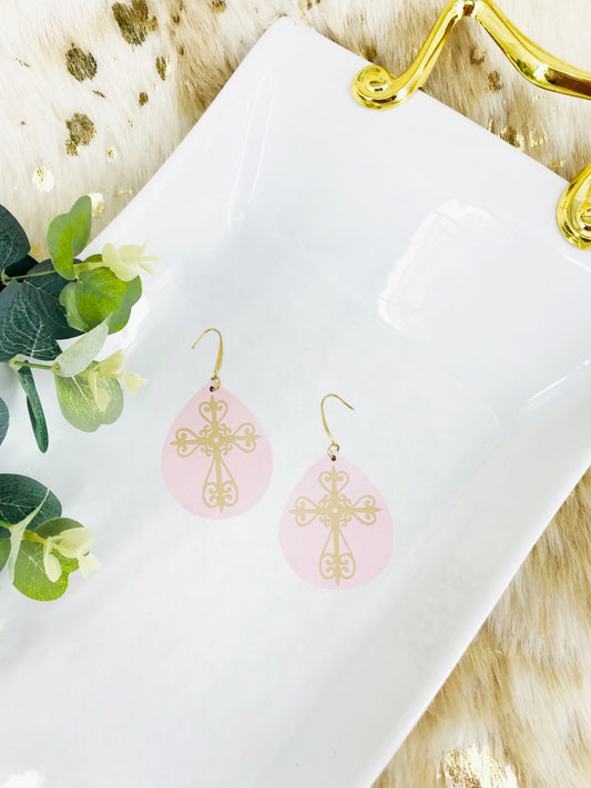 Baby Pink Divine Leather and Gold Cross Accent Leather Earrings - E19-1444