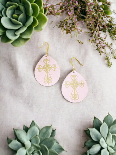 Baby Pink Divine Leather and Gold Cross Accent Leather Earrings - E19-1444