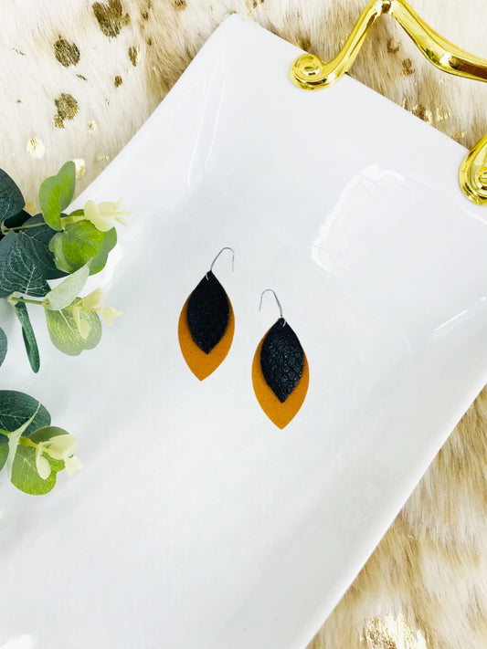 Dark Mustard Suede Leather and Fish Net Black Leather Earrings - E19-1449