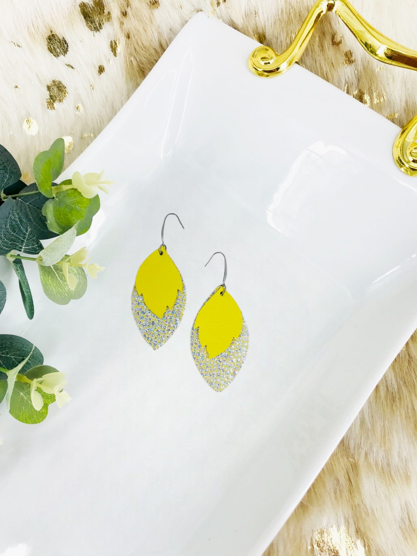 Iridescent Leather and Canary Yellow Leather Earrings - E19-1450