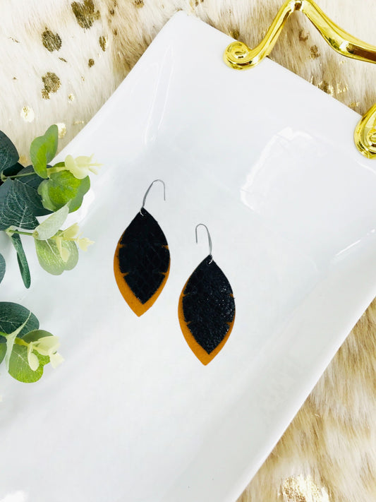 Mustard Suede Leather and Fish Net Pattern Leather Earrings - E19-1455