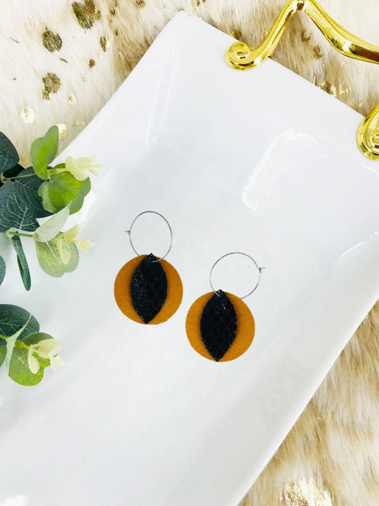 Mustard Suede Leather and Fish Net Pattern Leather Earrings - E19-1460