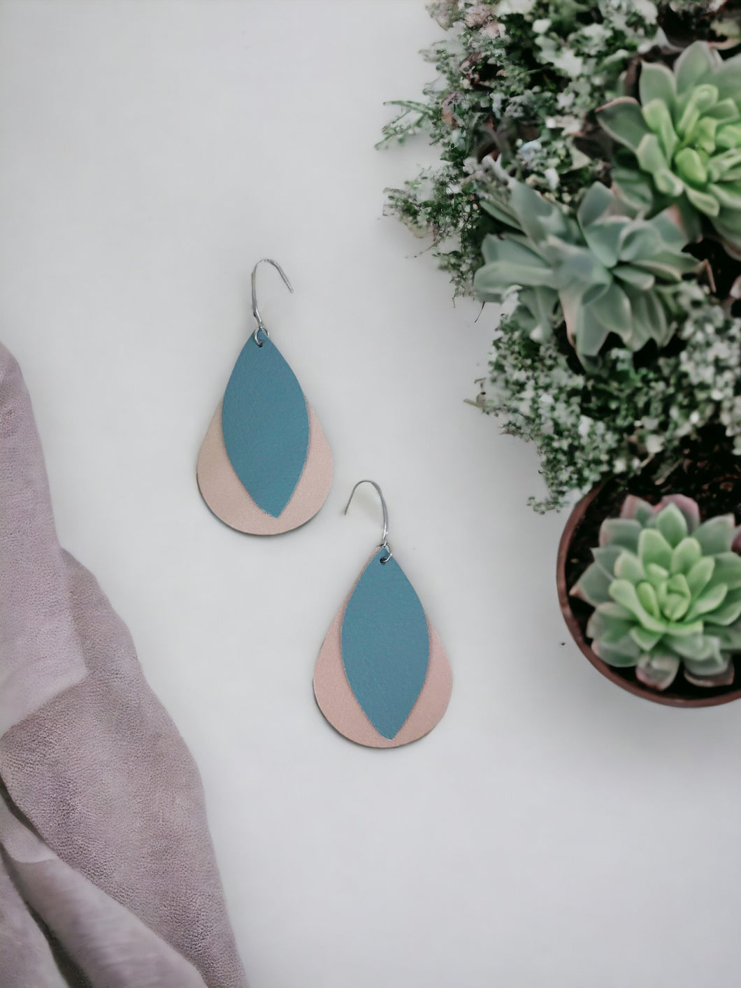 Rose Gold and Peacock Blue Leather Earrings - E19-1477