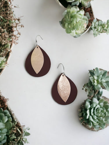 Dark Brown and Metallic Rose Gold Leather Earrings - E19-1484