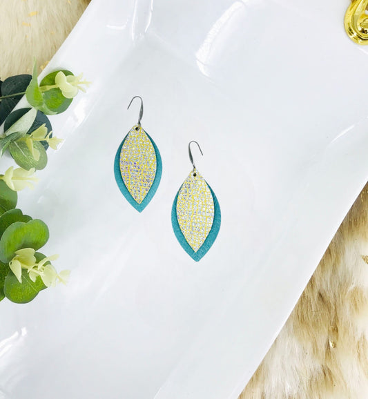 Blue Green Soft Leather and Silver Halo on Banana Leather Earrings - E19-1499