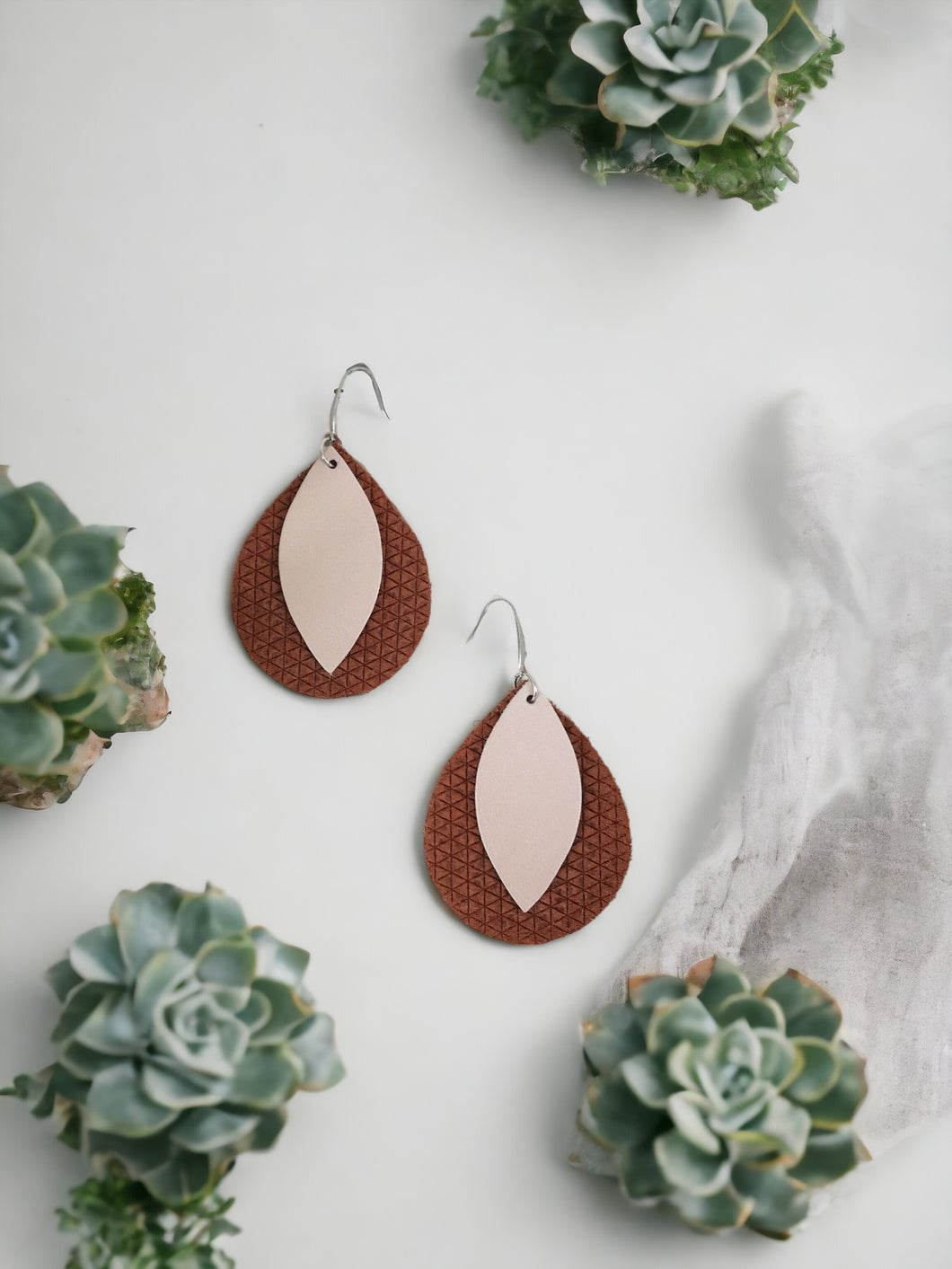 Cinnamon Italian Leather and Rose Gold Leather Earrings - E19-1501