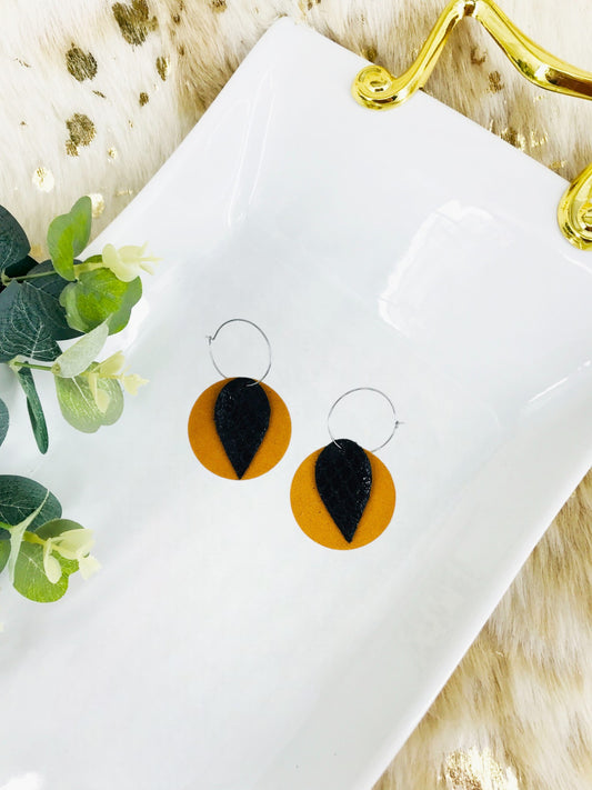 Mustard Suede Leather and Fish Net Pattern Black Leather Earrings - E19-1503