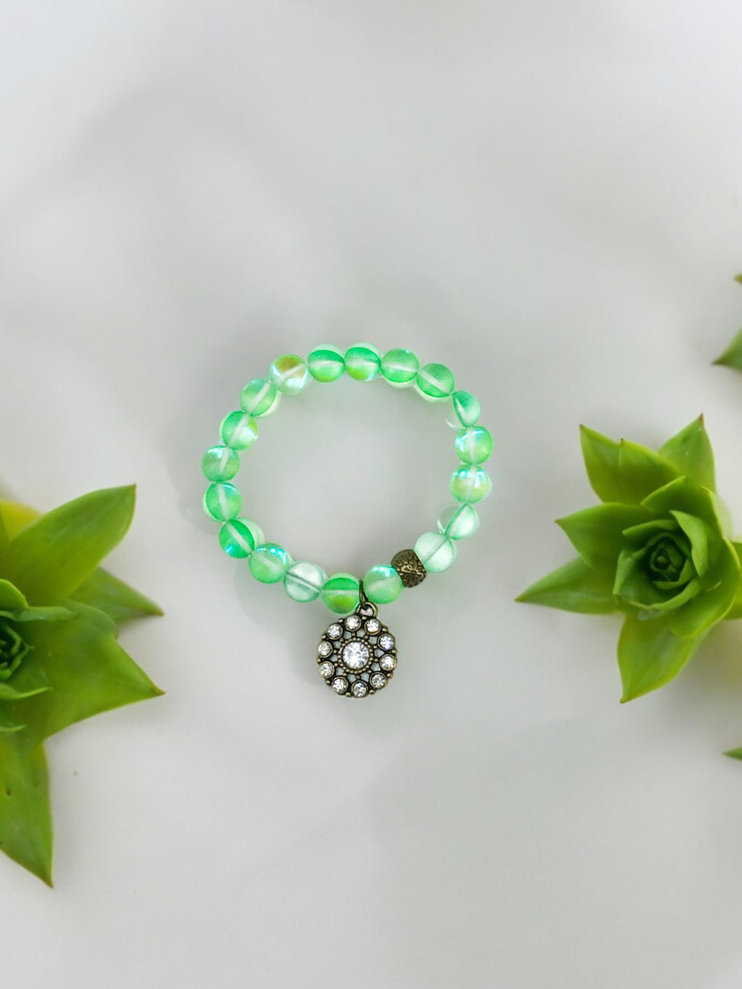 Green Mermaid Aurora Bead Stretchy Charm Bracelet - B1528