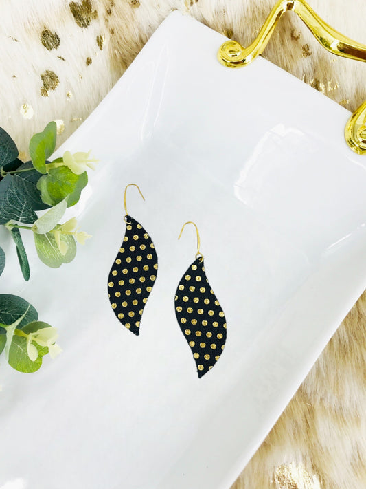 Gold Polka Dots on Black Leather Earrings - E19-1557