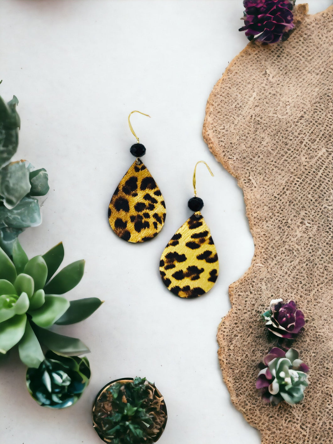 Gold Metallic Banana Leopard Leather Earrings - E19-1614