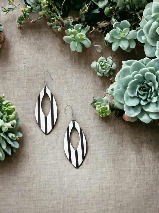 Matte Black and White Straight Striped Leather Earrings - E19-1653