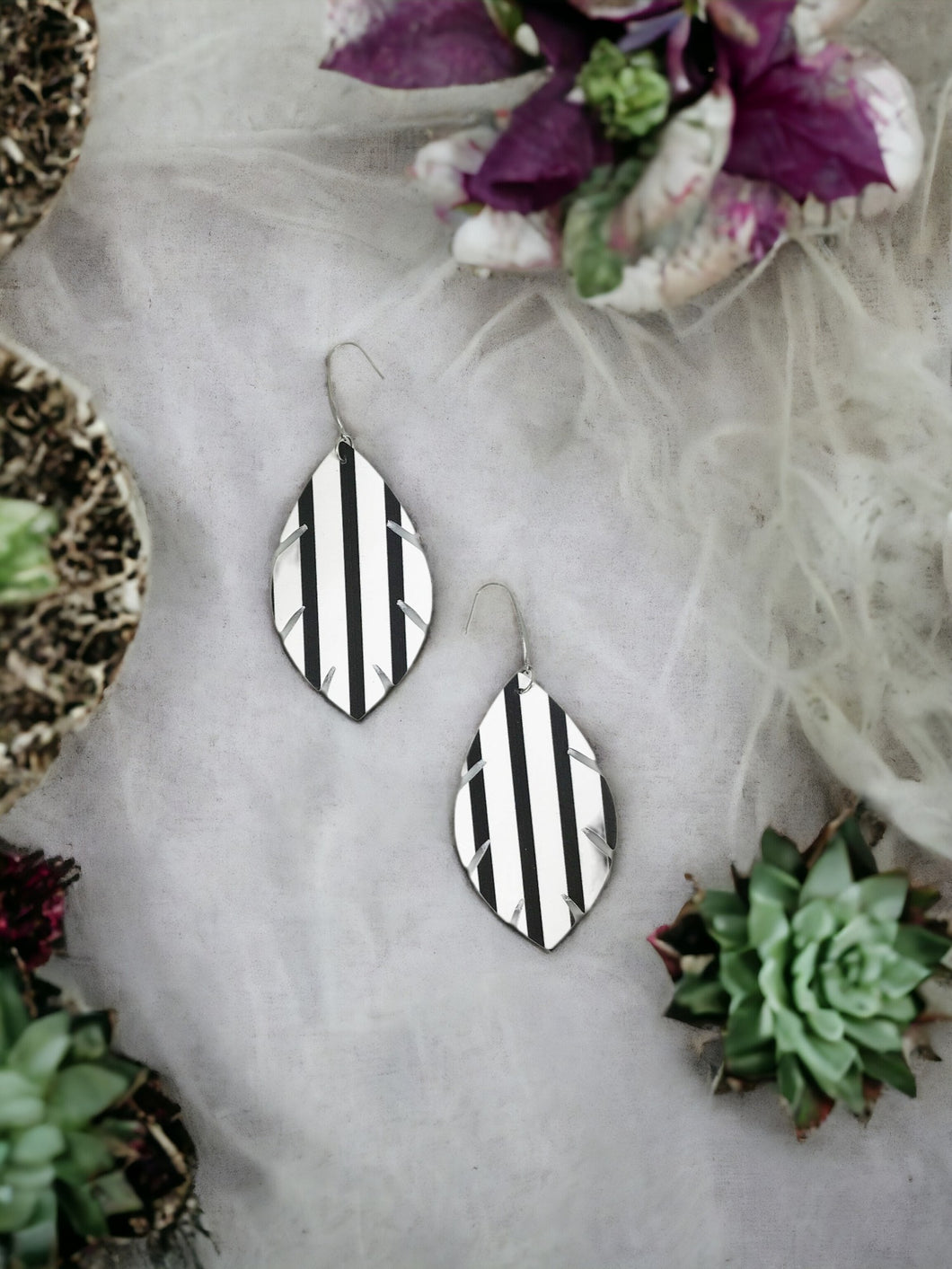 Matte Black and White Straight Striped Leather Earrings - E19-1660