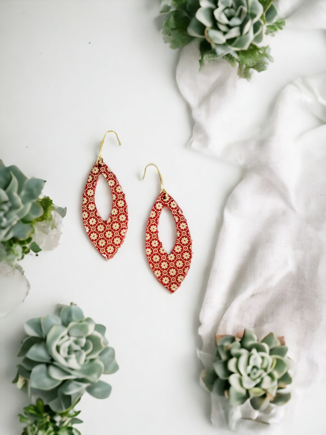 Floral Gold on Red Leather Earrings - E19-1672