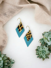 Load image into Gallery viewer, Peacock Blue Leather and Cheetah Leather EarringsE19-1683