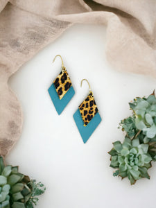 Peacock Blue Leather and Cheetah Leather EarringsE19-1683