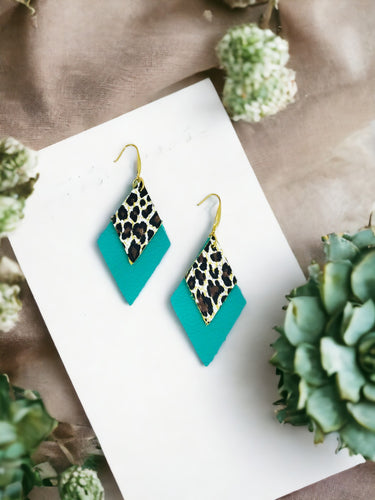 Aqua Leather and Cheetah Pring Leather Earrings - E19-1691