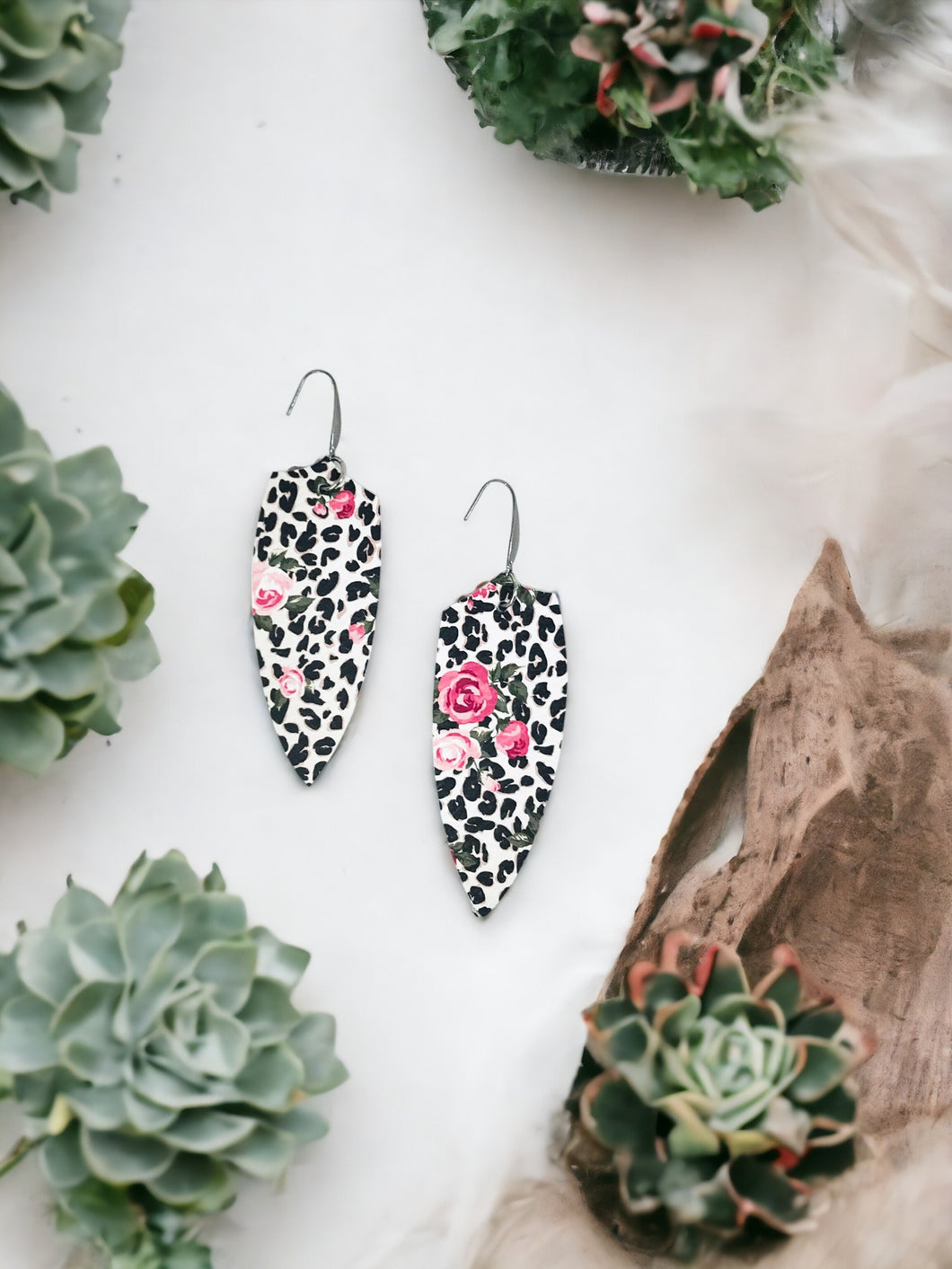 Roses over Black Spotted Leopard Leather Earrings - E19-1754