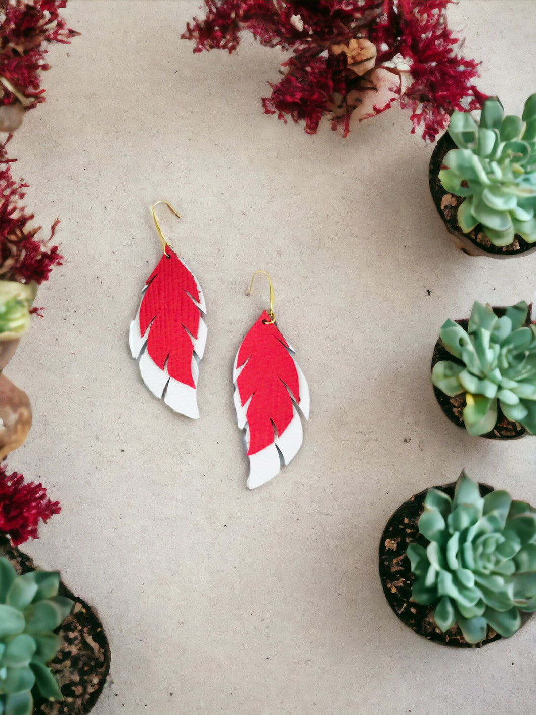 White Leather and Tropical Palm Leaf Leather Earrings - E19-1756