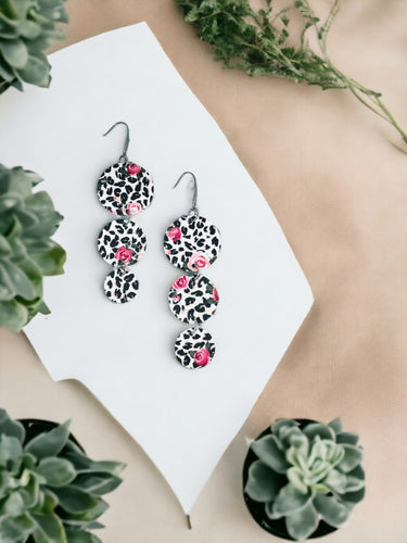 Roses over Black Spotted Leopard Leather Earrings - E19-1765