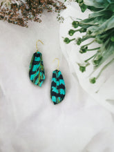 Load image into Gallery viewer, Pheasant Feathers on Aqua Leather Earrings - E19-1774