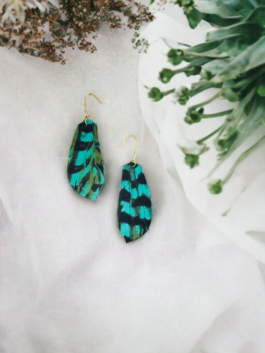 Pheasant Feathers on Aqua Leather Earrings - E19-1774